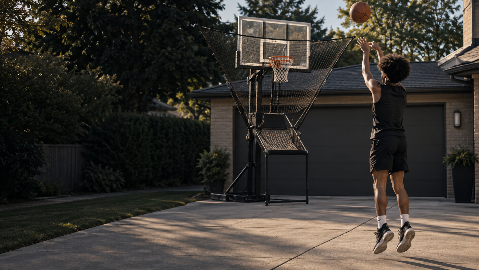 Young basketball player training independently on a neighbourhood court