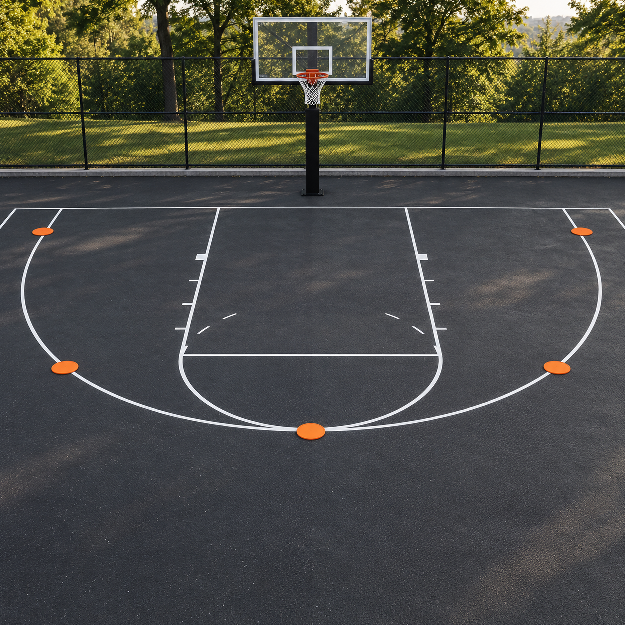 Five orange court markers placed at five shooting positions around a basketball half-court
