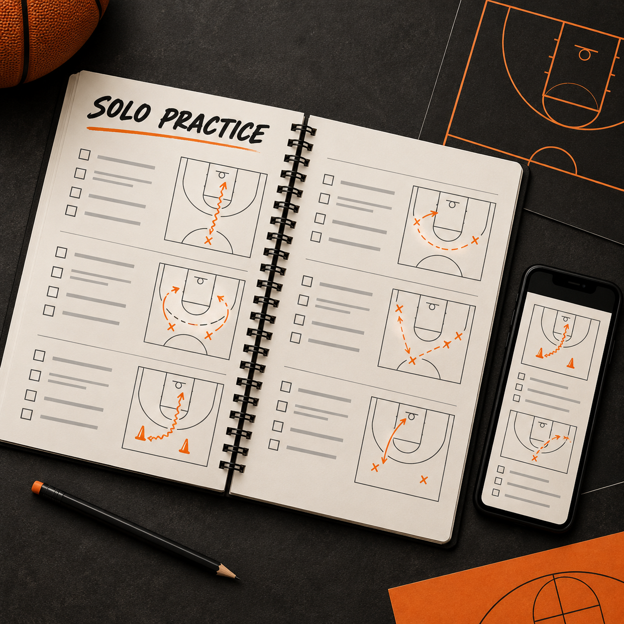 A solo basketball practice workbook with drill diagrams and a mobile version
