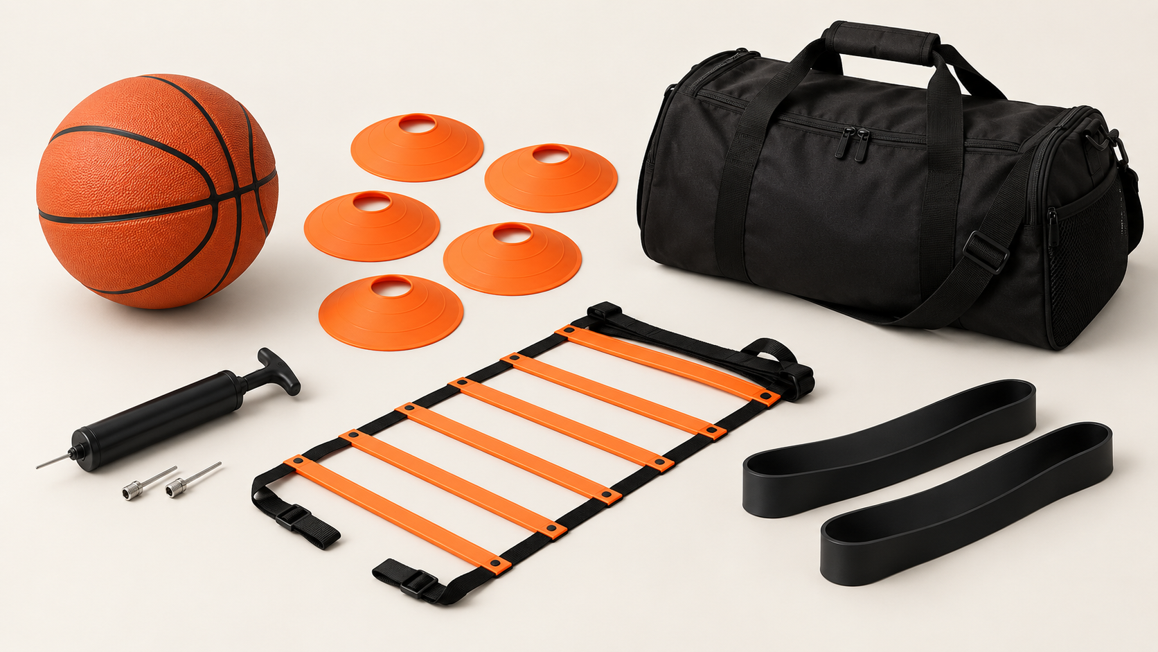 Basketball training equipment including a basketball, court markers, pump, agility ladder, resistance bands and equipment bag